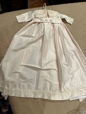 Classic Ivory Girls' Christening Dress with Lace Trim